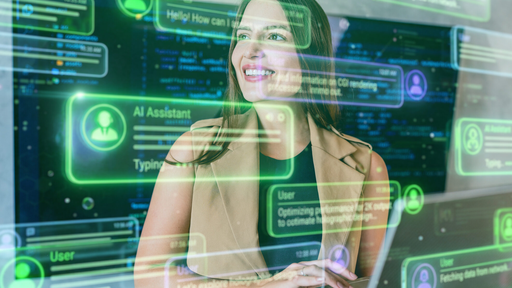 A young businesswoman interacting with a futuristic augmented reality AI interface, with holographic panels displaying digital information in a modern office setting